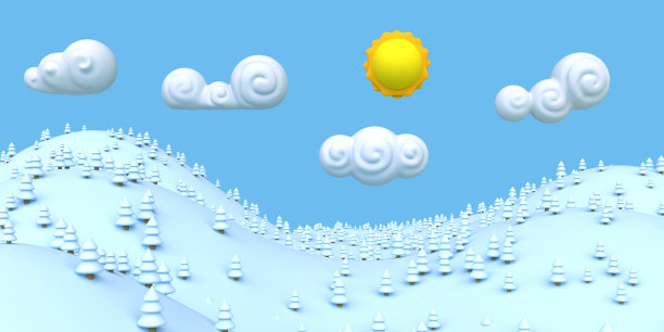 卡通自然冬季雪景与树。丰富多彩的现代简约概念渲染。风格化搞笑儿童粘土、塑料玩具。逼真的时尚3d插画的背景游戏，假期。图片下载