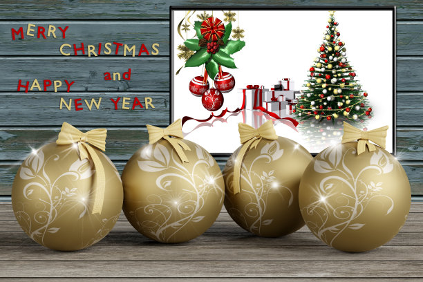 圣诞节装饰，圣诞快乐新年快乐3D插画图片下载