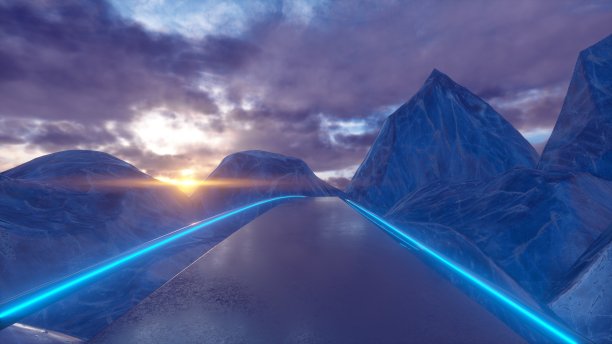 移动通过抽象的光滑的冰山在日落的背景。乘坐过山车与蓝色霓虹灯极其快速无缝。抽象过山车的3d渲染图片下载