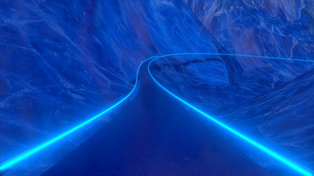 移动通过抽象的光滑的冰山在日落的背景。乘坐过山车与蓝色霓虹灯极其快速无缝。抽象过山车的3d渲染图片下载