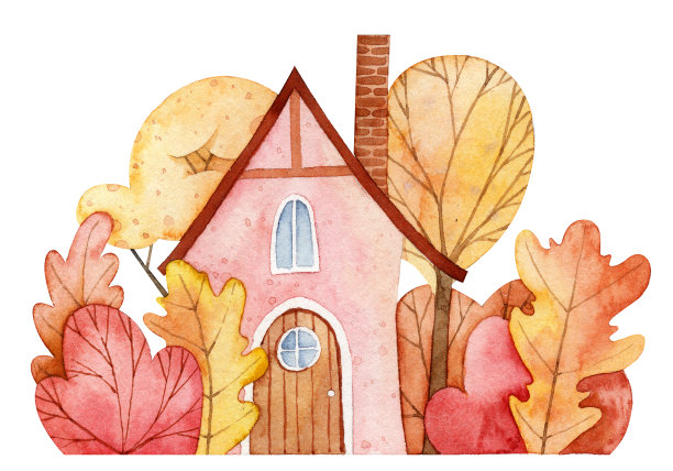 水彩画在树林里手绘可爱的房子。有秋天颜色的树木和灌木的小茅屋。水彩画成分为贺卡和印刷品图片下载