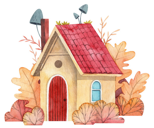 水彩手绘可爱的房子，瓦片屋顶和烟囱周围是秋天的颜色灌木和蘑菇。秋季主题的作文贺卡和明信片图片下载