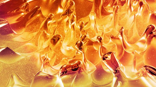 抽象的背景与波光粼粼的金色液体图案在闪亮的光泽表面。粘稠的黄色液体，表面像金箔或灿烂的玻璃。美丽的创意节日背景。三维渲染图片下载