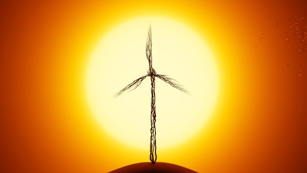 风力涡轮机的树。正在生长的树木的剪影，呈风力涡轮机的形状。阳光透过树照射进来。环保的概念。图片下载