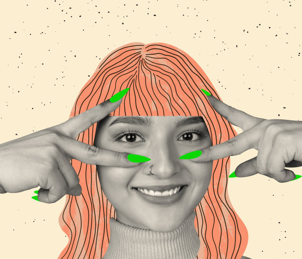 当代艺术品。创造性的照片。灵感，创意，时尚都市杂志风格。开朗的女孩，脸上和头上都有数字明亮的图画图片下载