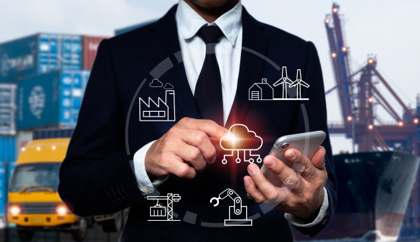 手握全球物流网络连接和货物配送商品在运输和物流图片下载