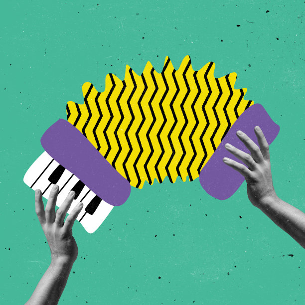 双手美学演奏手风琴绿色背景，艺术品。音乐的概念，超现实主义，极简主义图片下载