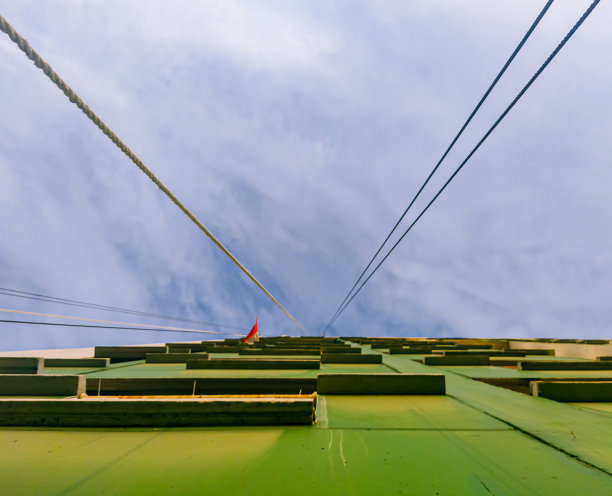 高高的绿色公寓，蓝天之上图片下载