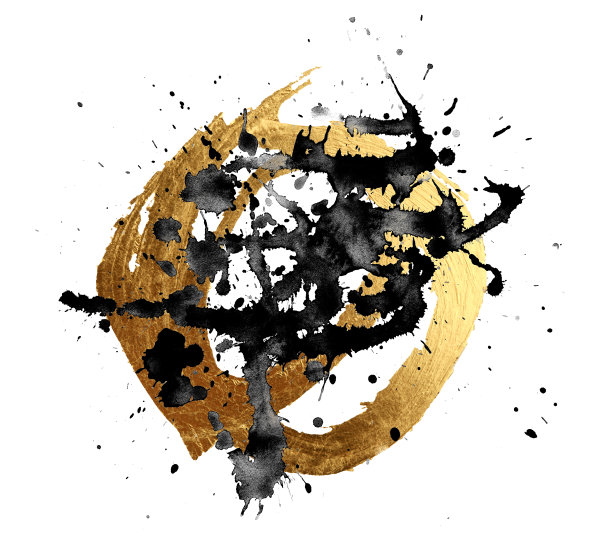 黑色和金色的闪光颜色涂抹圆圈，画在白色的污渍。抽象辉光发亮的背景。图片下载