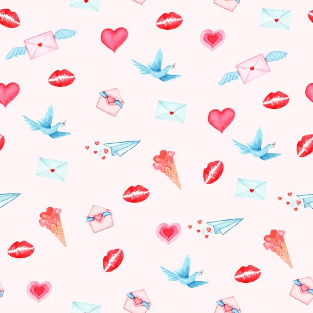 爱情图案水彩，水彩插图与爱为情人节，信封，鸽子，冰淇淋信件与红心图片下载