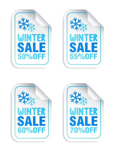 以雪花为主题的冬季促销贴纸。冬季特价50% 55% 60% 70%图片下载