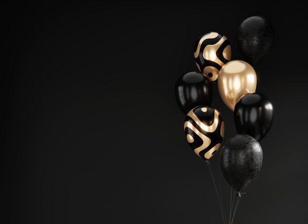 一套黑色和金色箔气球与空的空间。3 d渲染插图。图片下载