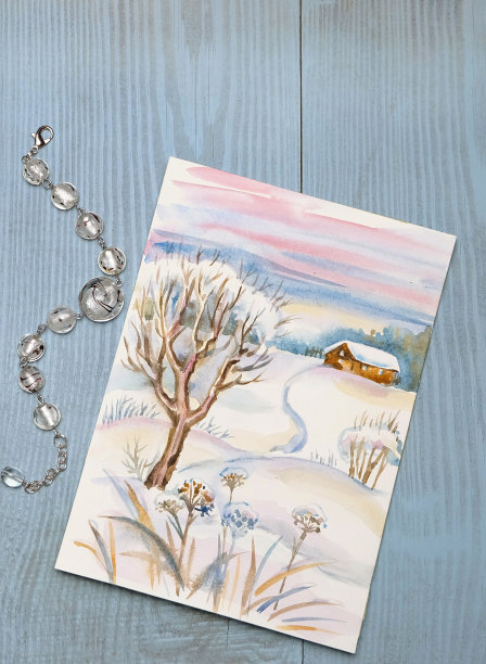 手工手链由玻璃和水彩画制成的冬季景观图片下载