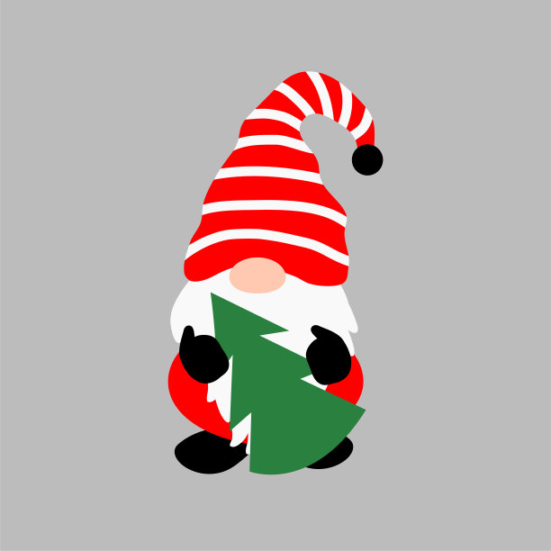 圣诞侏儒抱着eve树矢量插图。冬天精灵可爱地精红色和绿色。图片下载