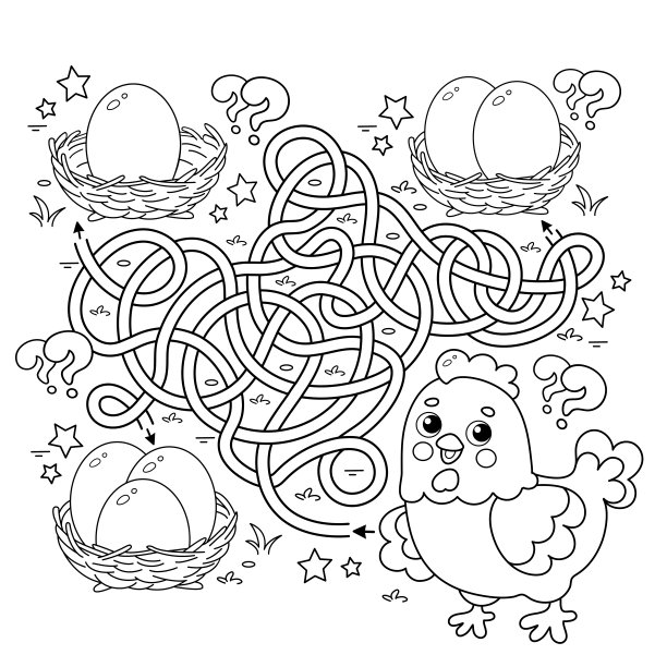 迷宫或迷宫游戏。谜题。错综复杂的道路。着色页大纲卡通鸡与鸡蛋。儿童涂色书。图片下载