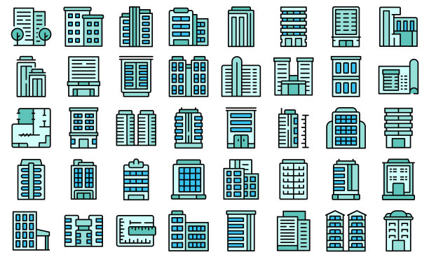 多层建筑图标设置线条颜色矢量图片下载