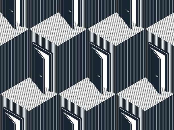 门无缝矢量背景，超现实的三维立体室内主题。图片下载