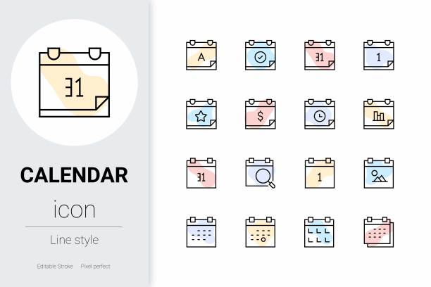 日历，细线矢量图标集。图片下载
