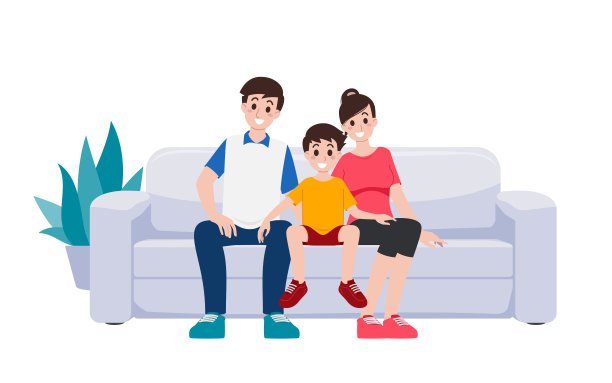 一张幸福的家庭插画，爸爸、妈妈和小男孩舒舒服服地一起坐在沙发上。图片下载