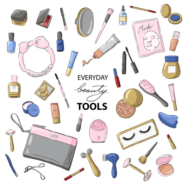 化妆、面部护理美容工具及成套设备。化妆品产品草图。图片下载