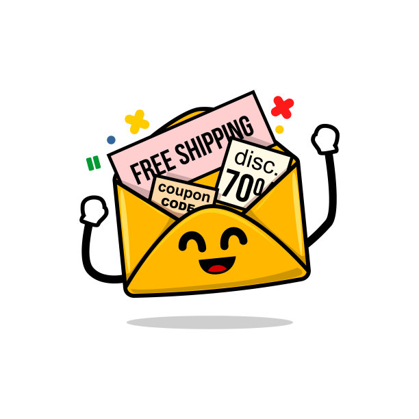 推广电子邮件的概念。孤立可爱的邮件卡通脸与促销券矢量插图图片下载