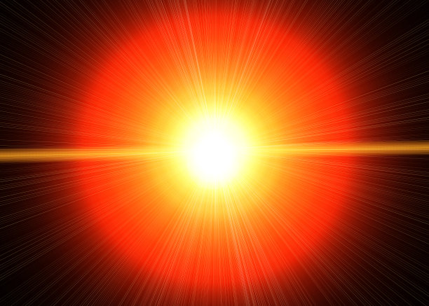 抽象的阳光光线效应。明亮的太阳或激光宇宙射线，闪光和闪光粒子的光与光学透镜在空的黑色背景奠定效果。图片下载