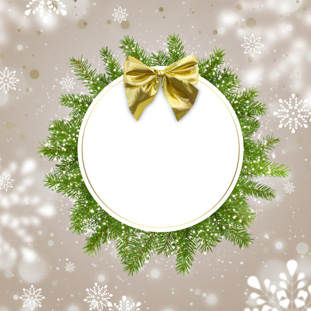 圣诞方形插图，圆框装饰着冷杉枝和一个模糊的灯金色的弓。图片下载