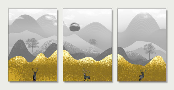 3d插图墙框架壁纸景观。树木，鹿在金色和灰色的山上。墙框架装饰图片下载