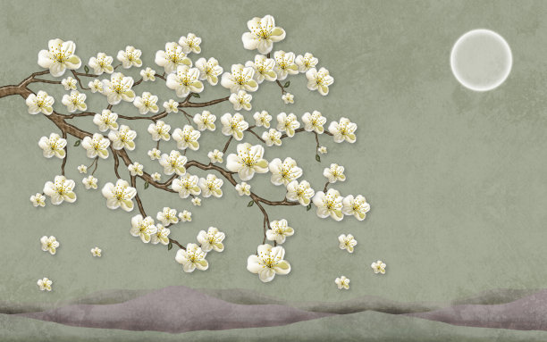 3d大理石壁画背景灯简单的绿色壁纸。阳光和枝头花，花的背景与花和山图片下载