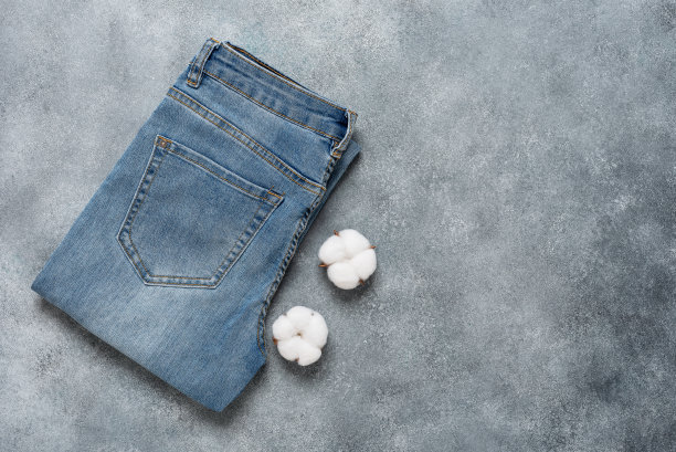 蓝色牛仔牛仔裤与棉花花在乡村灰色的背景。俯视图，平铺。天然生态织物的概念。图片下载