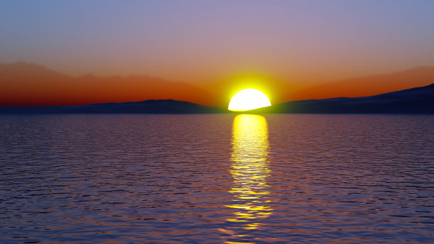 平静的水，日落的湖和山和平的自然太阳冥想环境在和谐的3D插图图片下载
