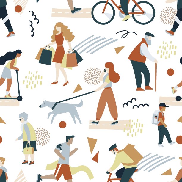 无缝图案人群中年轻人和老年人正在行走，白色背景上的各种人物插画，平实的风格。可爱的印花，织物，壁纸。向量图片下载