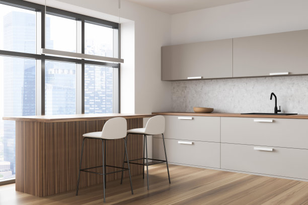 角落的观点，极简白色和浅米色厨房与早餐吧图片下载