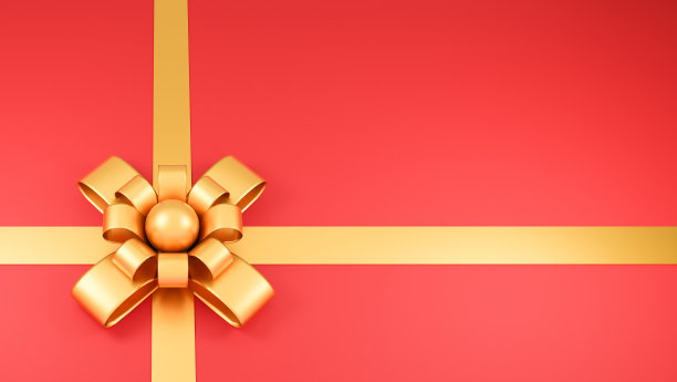 现实的金色丝带和蝴蝶结在红色的背景。，3d模型和插图。图片下载