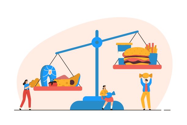 矮小的人衡量健康和不健康的食物图片下载