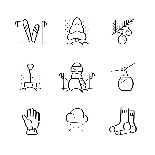 冬天的山度假。休闲运动，寒冷的温度和温暖的衣服。涂鸦风格的图标图片下载