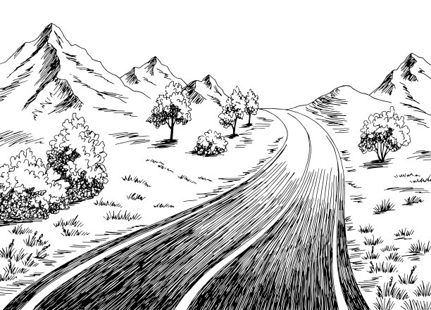 山路图形黑白风景素描插图矢量图片下载
