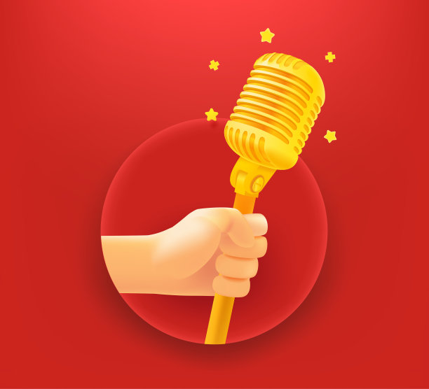 艺术家手中拿着金色的麦克风。3 d矢量图图片下载