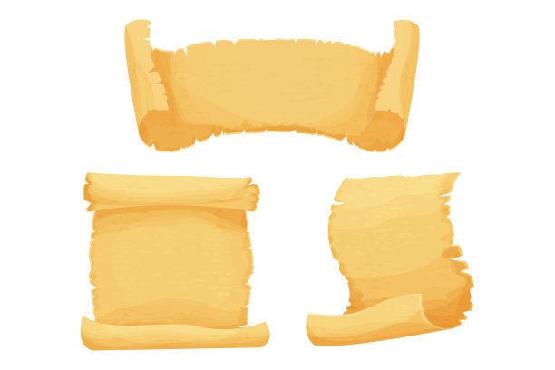 羊皮纸、纸莎草卷轴、卡通风格的空白框架矢量素材图片下载