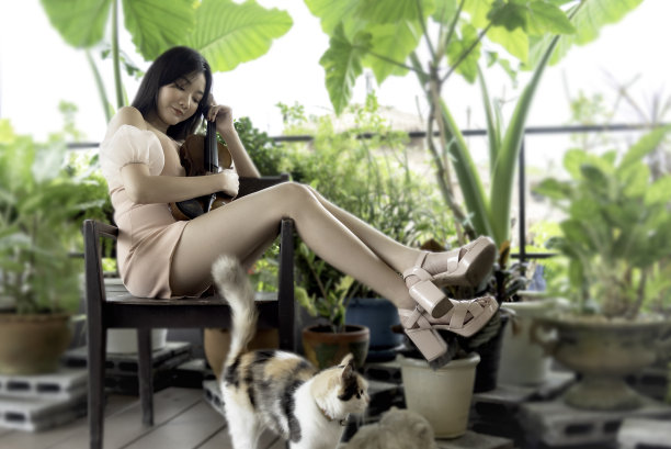 美女坐着，拿着小提琴，在木制背景上演奏音乐，在情感上感觉委实图片下载