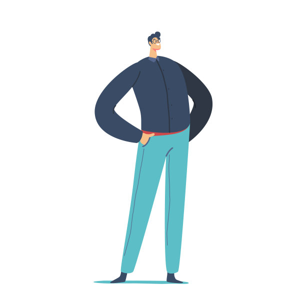 单一男性角色穿黑色衬衫和蓝色裤子孤立在白色背景。双手叉腰的自信男人图片下载