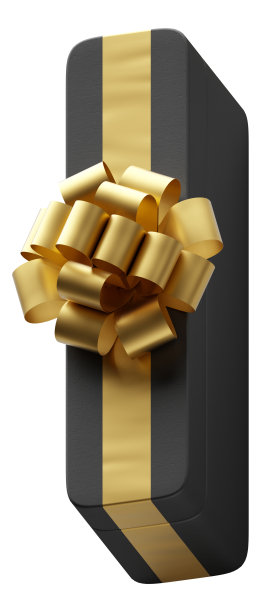 字母字母礼盒包装在黑暗的黑色纸与豪华金色蝴蝶结孤立在白色的背景。图片下载