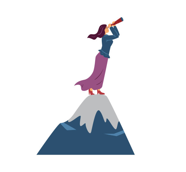 山上的女人用望远镜向前看，矢量图孤立。图片下载