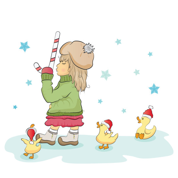 拿着拐杖的小女孩带领着戴着红帽子的可爱小鸭子矢量插图图片下载