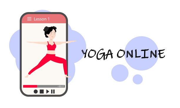 不用出门就能在线上瑜伽课。一个漂亮的亚洲女孩在智能手机屏幕上展示一个体式。通过互联网进行瑜伽训练。矢量插图。图片下载