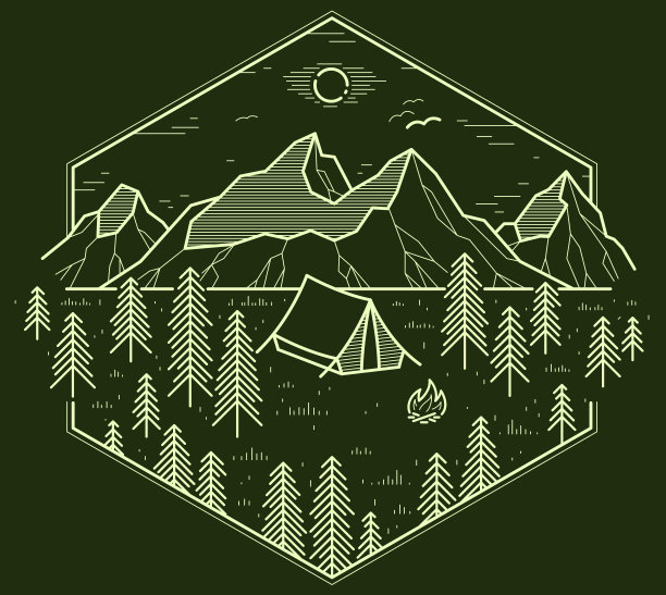 野营帐篷在山区和松林向量线性标志上的黑暗，假期和度假主题线艺术绘画，设计旅游色标志。图片下载