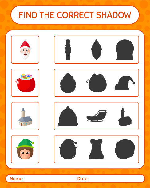 找到正确的阴影游戏与圣诞图标。学龄前儿童习题表，儿童活动表图片下载