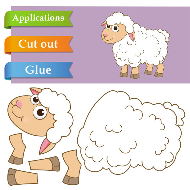 创建纸应用的卡通乐趣羊。用剪刀把羊的一部分剪下来，粘在纸上。教育逻辑游戏学龄前儿童帮助切割，坚持和学习动物。图片下载