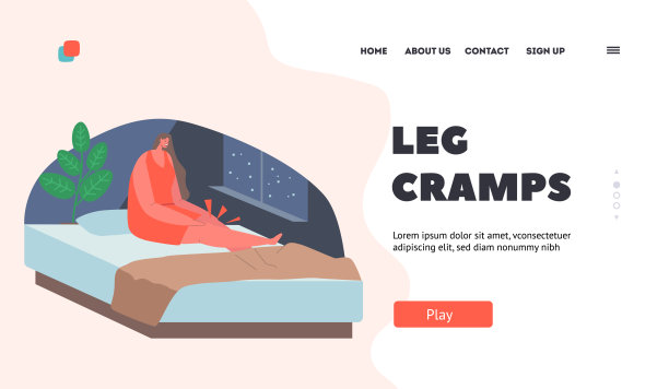 腿抽筋登陆页面模板。在卧室里膝盖抽筋的女人，夜间醒来的女性角色图片下载