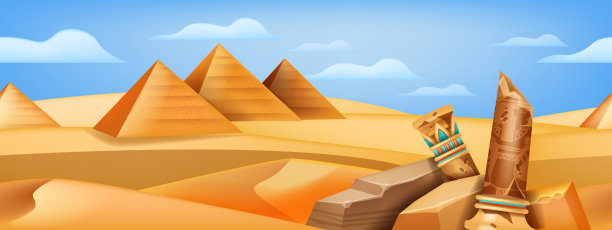 埃及金字塔景观，矢量沙漠游戏背景，沙丘全景，断柱。图片下载